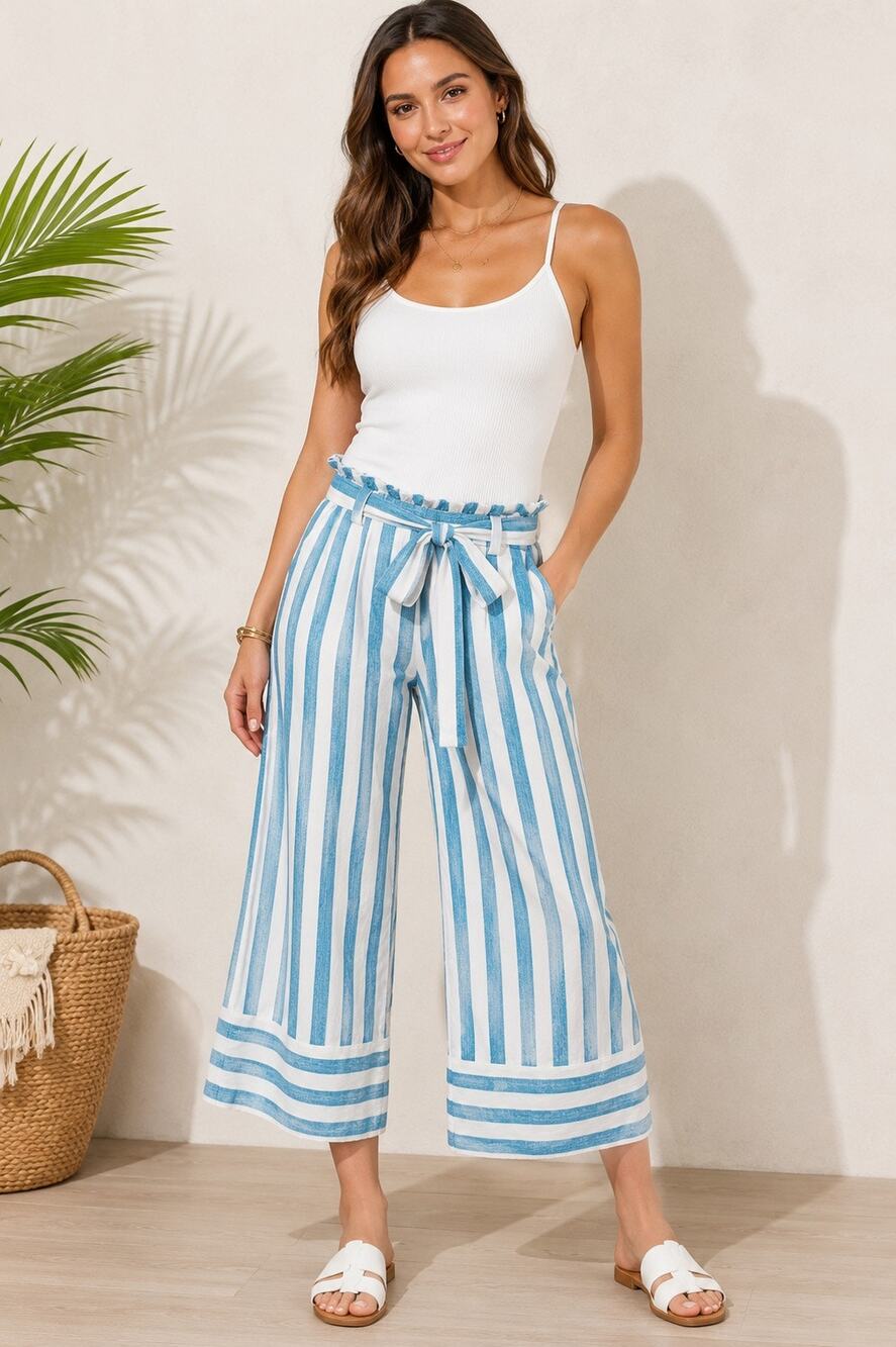 Gibson x Hi Sugarplum! Milos Paperbag Wide Leg Pants Petite Small Blue Striped